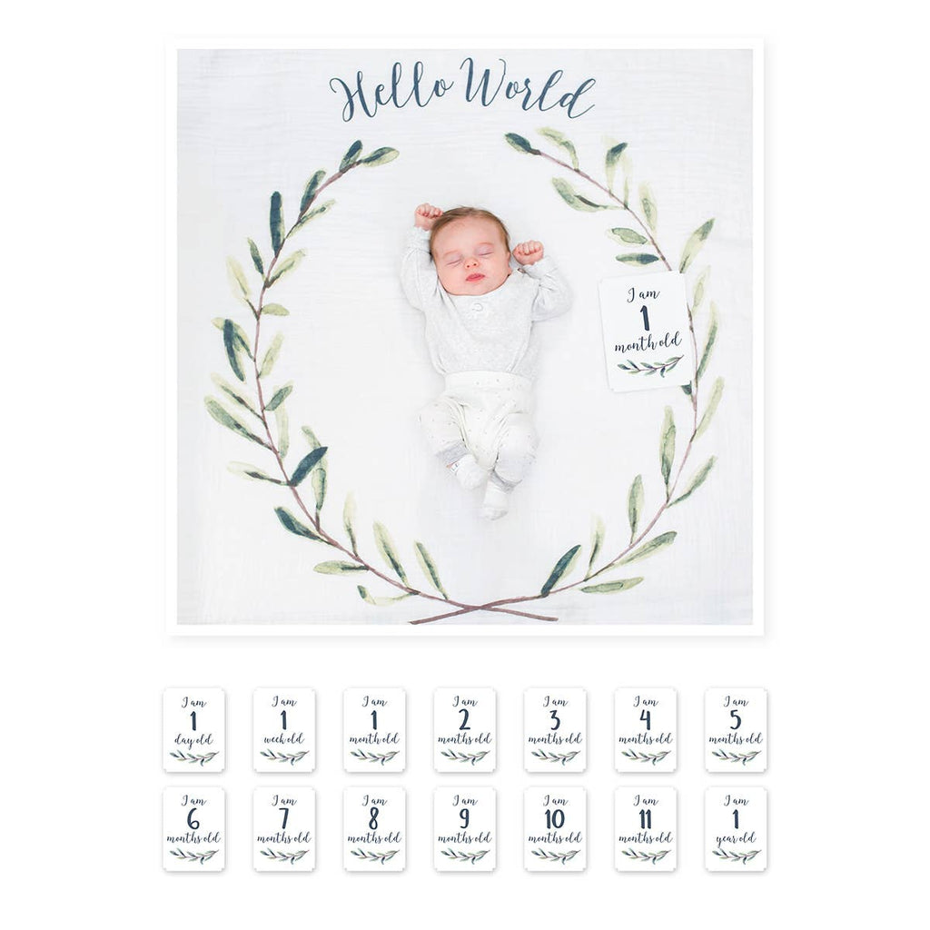 Baby’s 1st Year Swaddle & Milestone Card Gift Set- Hello!
