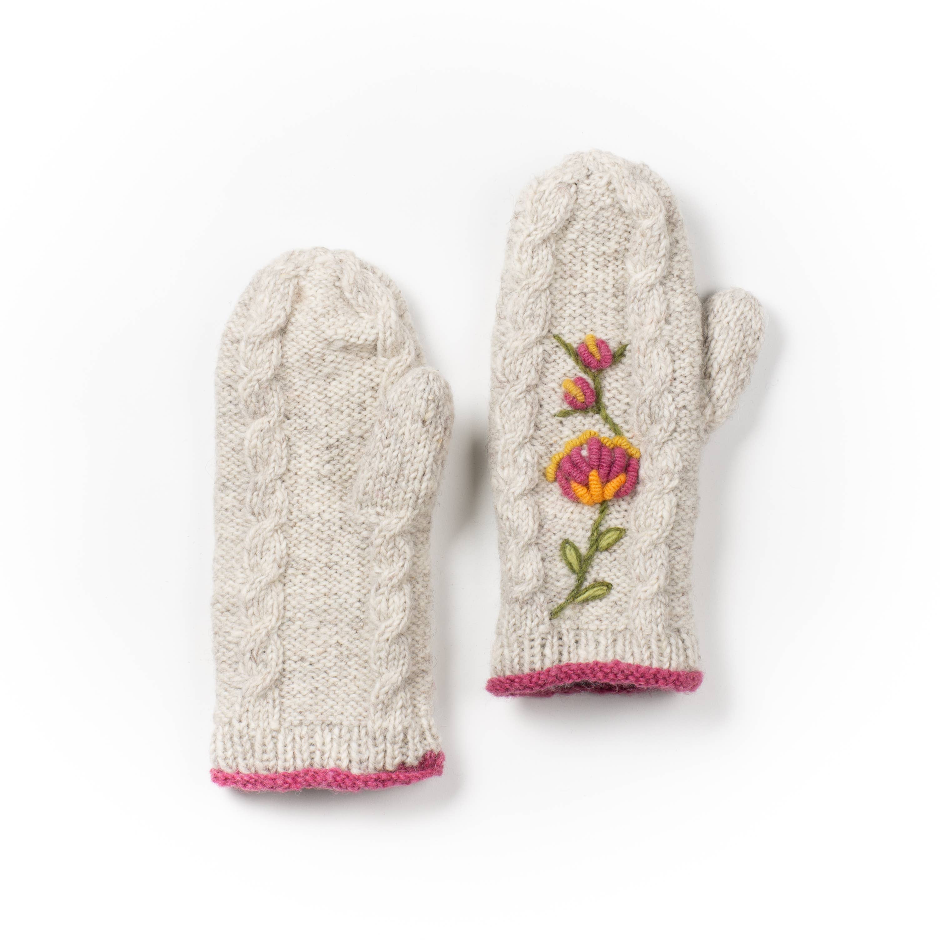 Blooms Mittens – Wool Knit with Embroidered Floral Accent