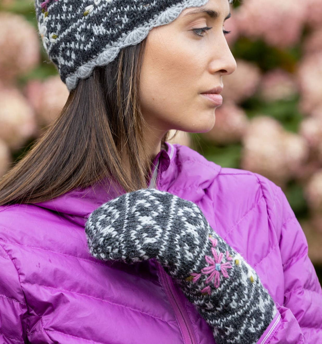 Ballad Mittens – Wool Knit with Embroidered Floral Detail