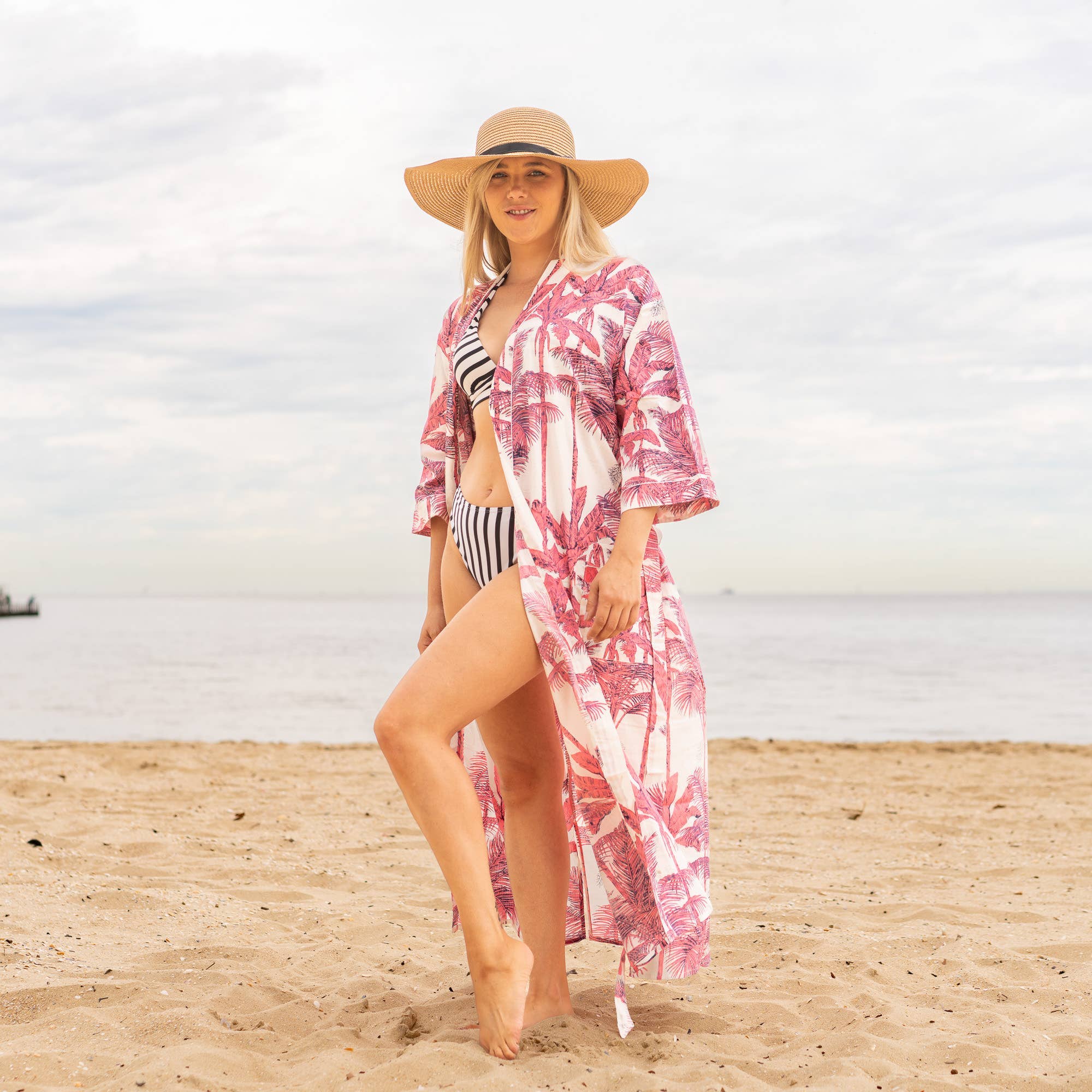 Cotton Kimono Robe - PINK PALM