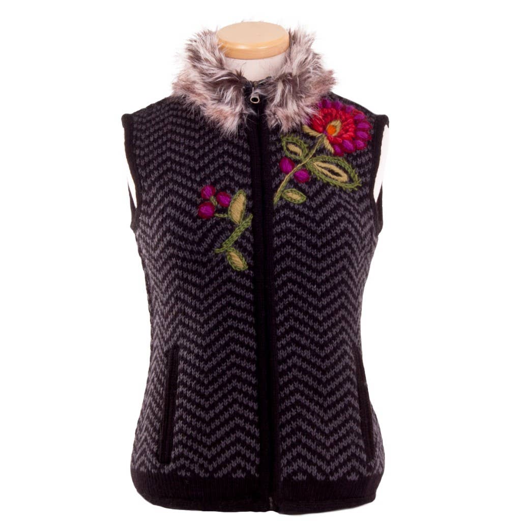 Carmen - Women's Wool Knit Vest - Faux-Fur Collar