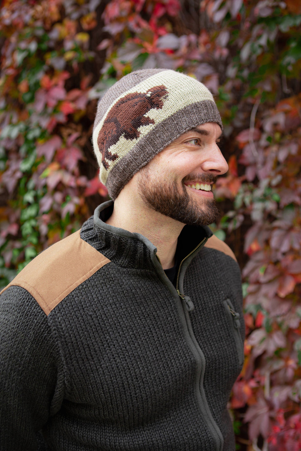 Buffalo Beanie Hat – Wool Knit with Bison Graphic
