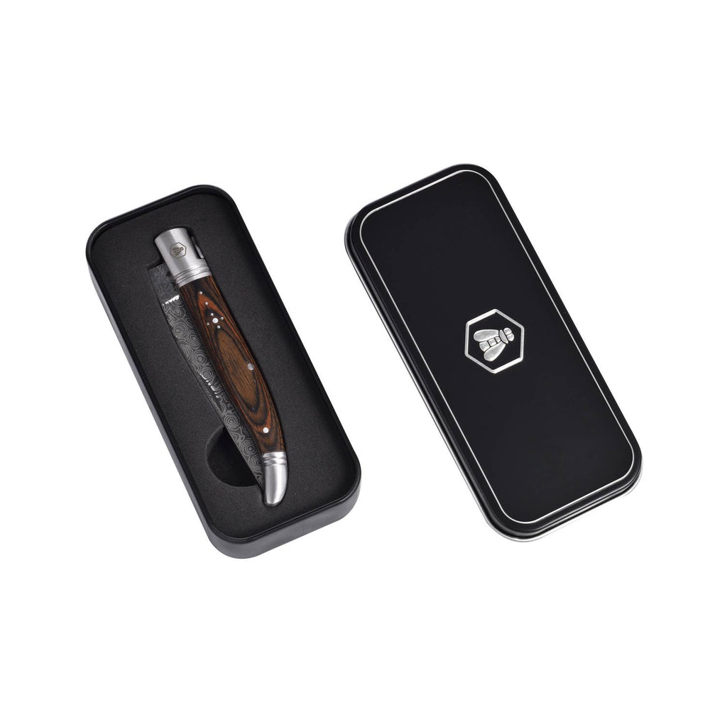 LAGUIOLE, Folding Knife, Hunting Knife, Outdoor, Hiking, Adventure, Gardening Tool, Stainless Steel, Pakka Wood Handle, Damascus Decor, Brown, 20.5 cm