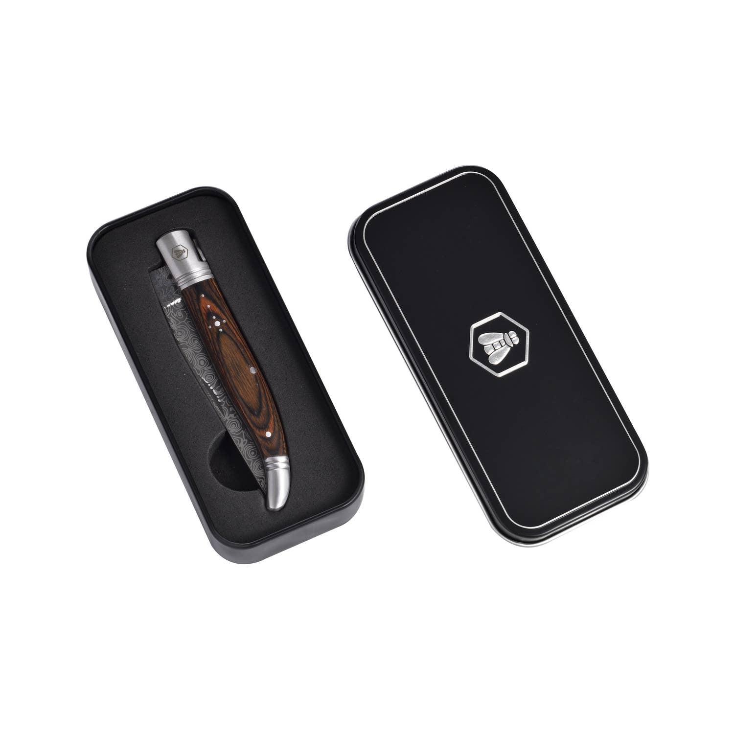 LAGUIOLE, Folding Knife, Hunting Knife, Outdoor, Hiking, Adventure, Gardening Tool, Stainless Steel, Pakka Wood Handle, Damascus Decor, Brown, 20.5 cm