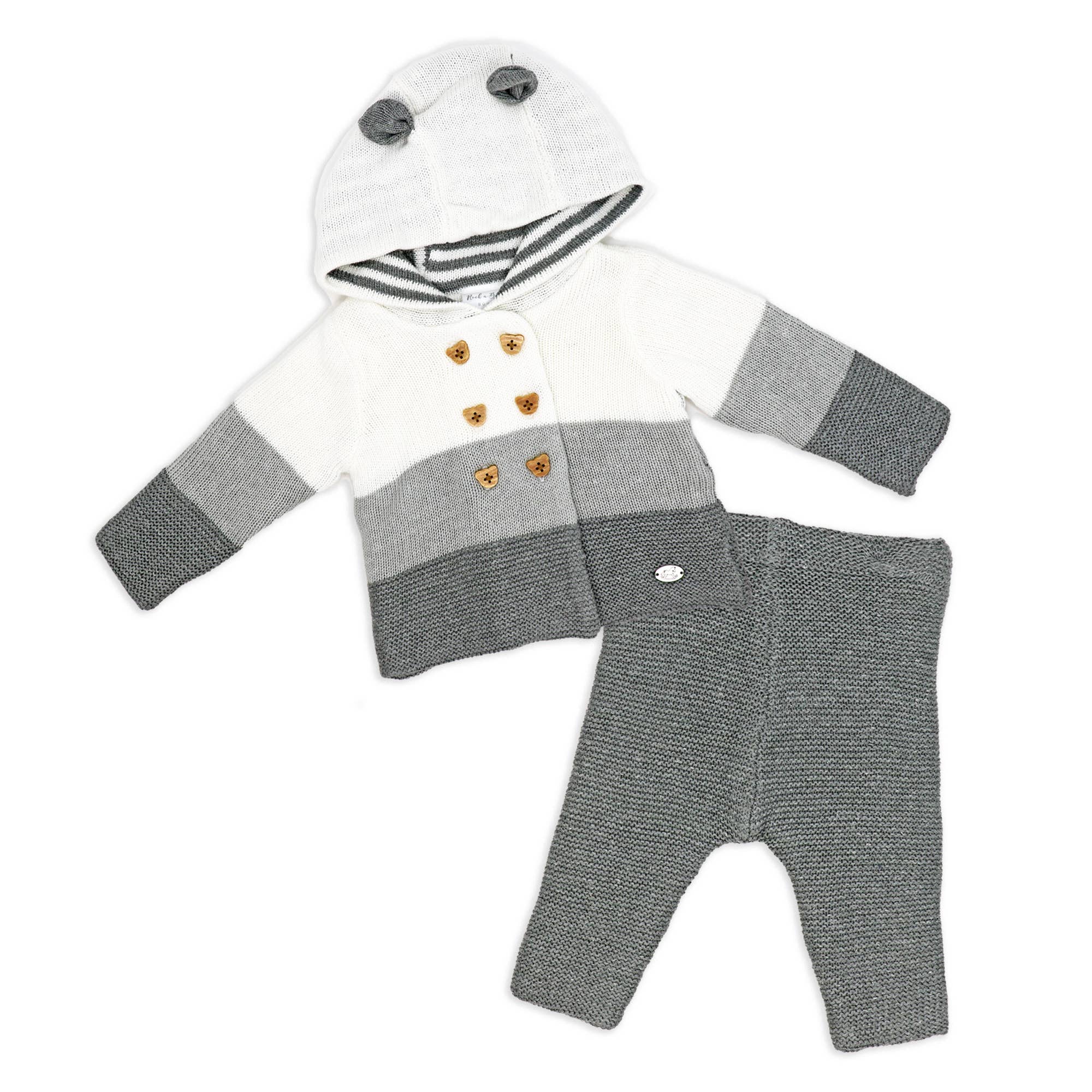 2pc Knitted Set: Hooded Jacket And Trouser Set: Grey Ombre