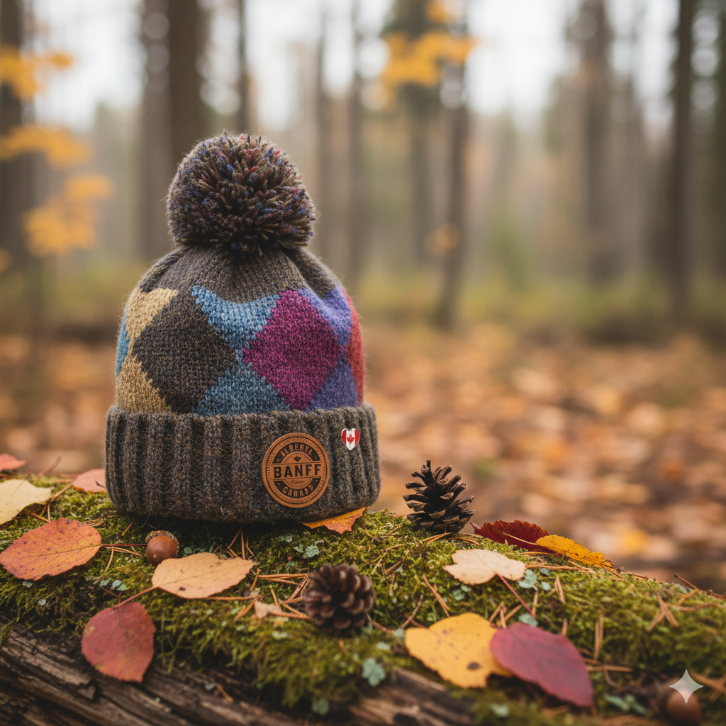 Banff Canada Pom Pom Knit Toque – Vintage Argyle Winter Beanie Hat for Outdoor Adventure