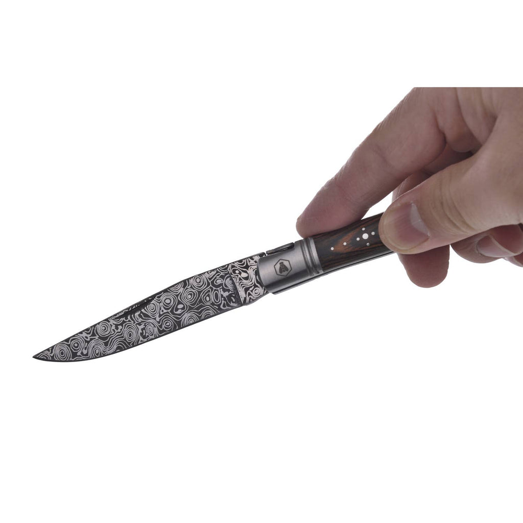 LAGUIOLE, Folding Knife, Hunting Knife, Outdoor, Hiking, Adventure, Gardening Tool, Stainless Steel, Pakka Wood Handle, Damascus Decor, Brown, 20.5 cm