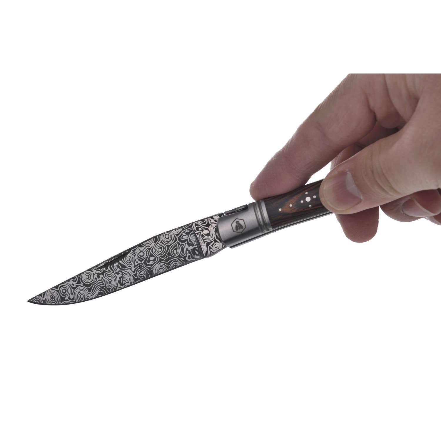 LAGUIOLE, Folding Knife, Hunting Knife, Outdoor, Hiking, Adventure, Gardening Tool, Stainless Steel, Pakka Wood Handle, Damascus Decor, Brown, 20.5 cm