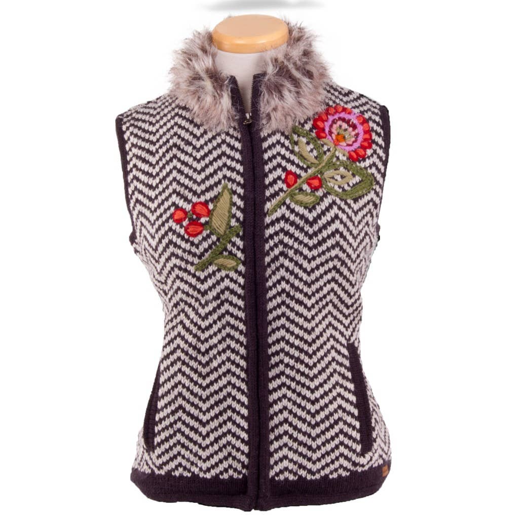 Carmen - Women's Wool Knit Vest - Faux-Fur Collar