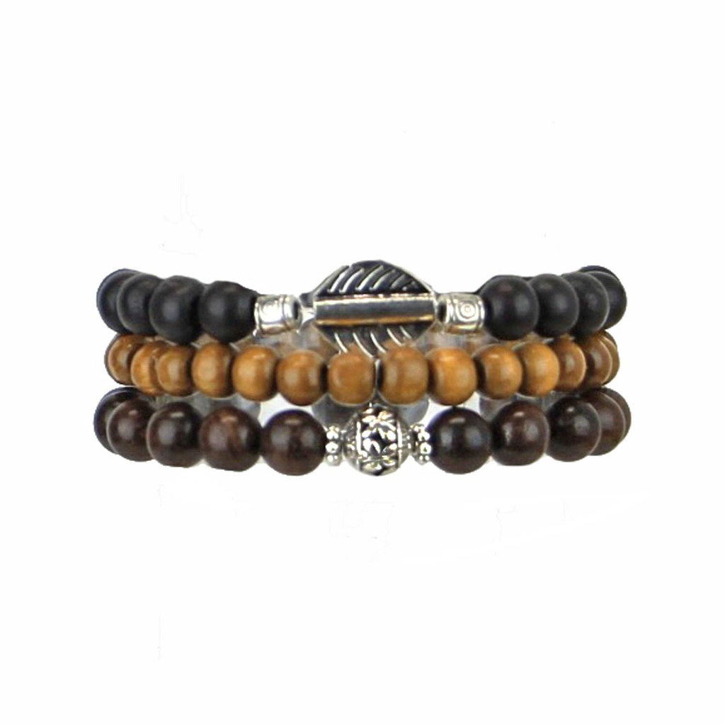 Men's Set of 3 Beaded Stretch Bracelets Wood