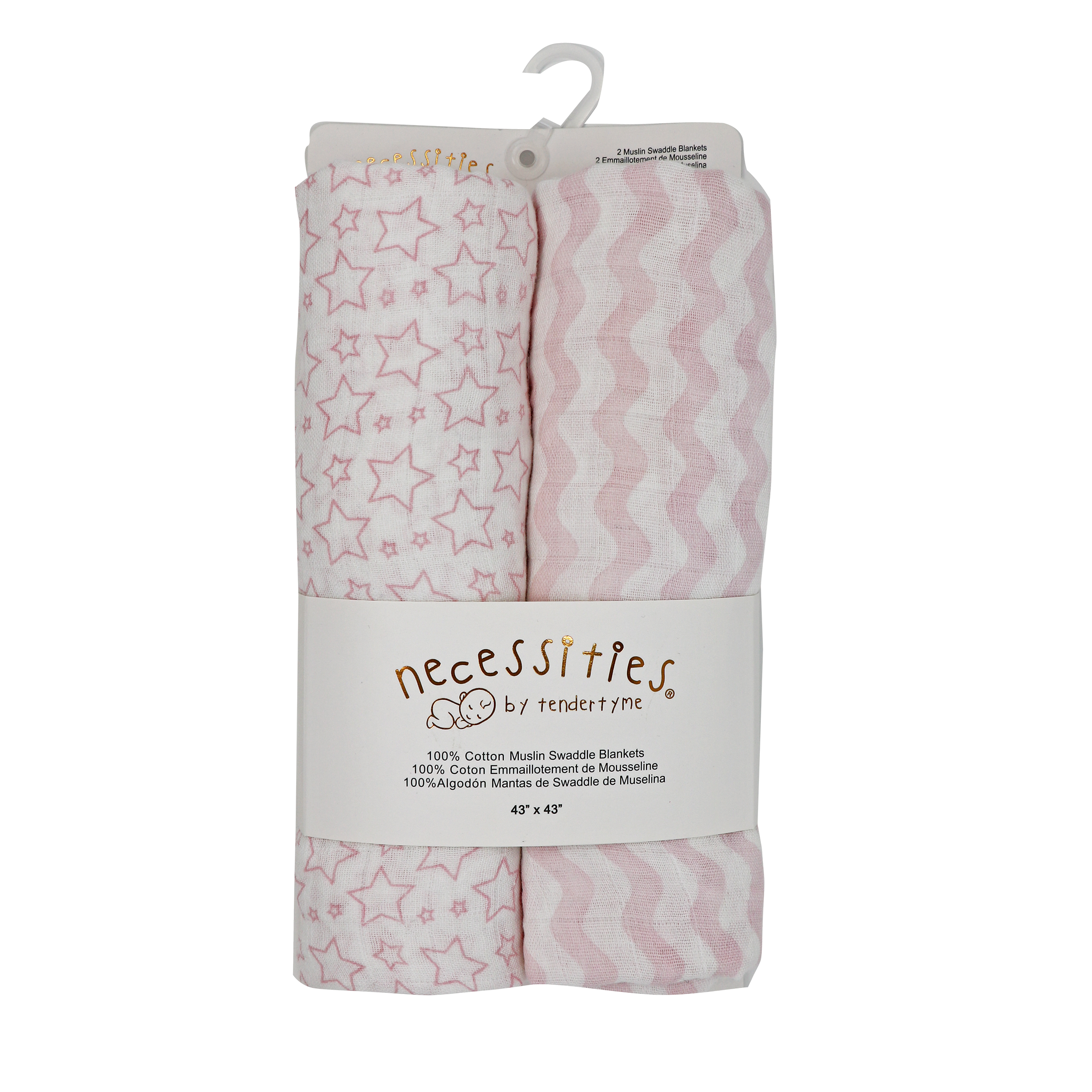 2 Pack Muslin Swaddle Blankets -Pink Star/Wave