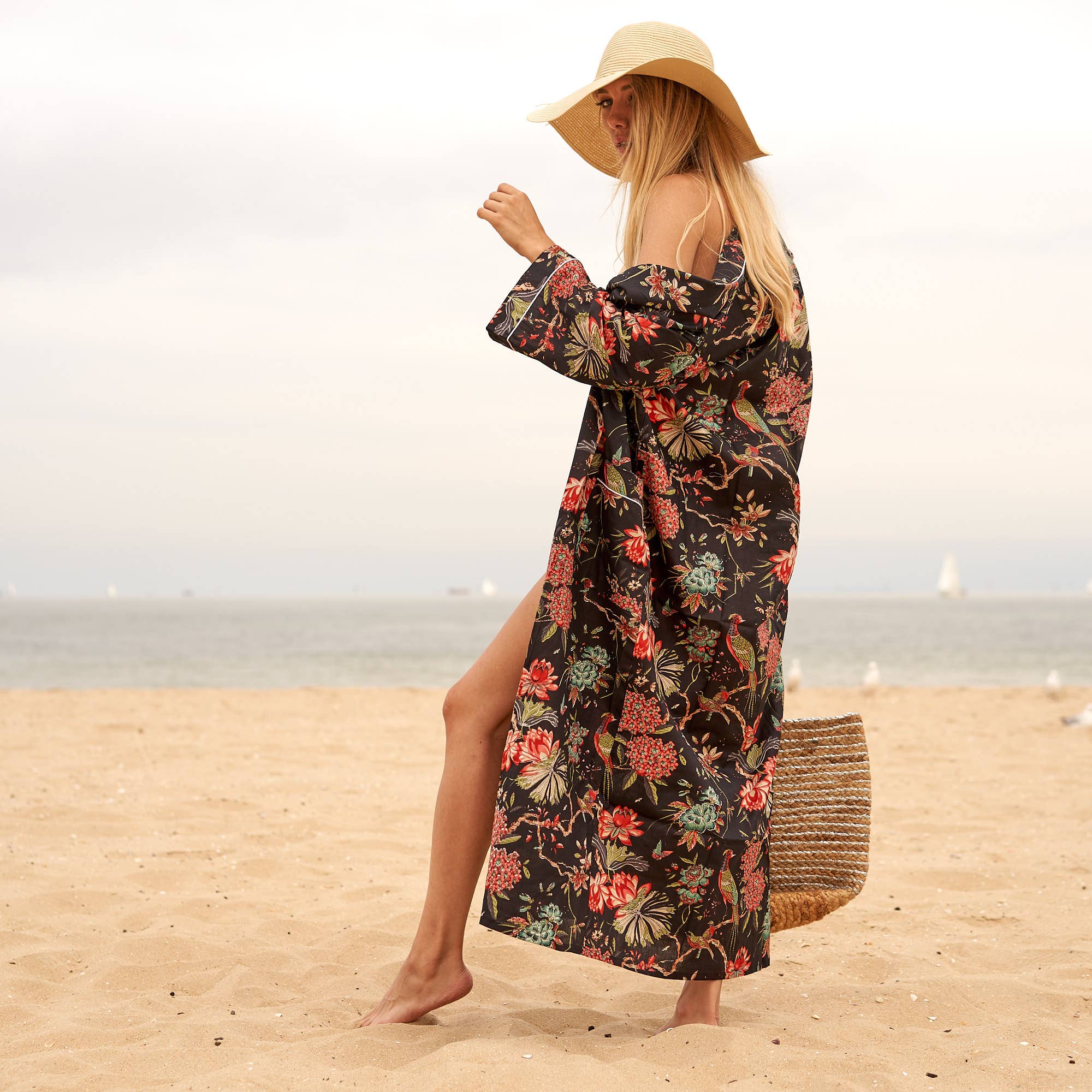 Cotton Kimono Bathrobe Frida Cardigan Gown - Floral Black