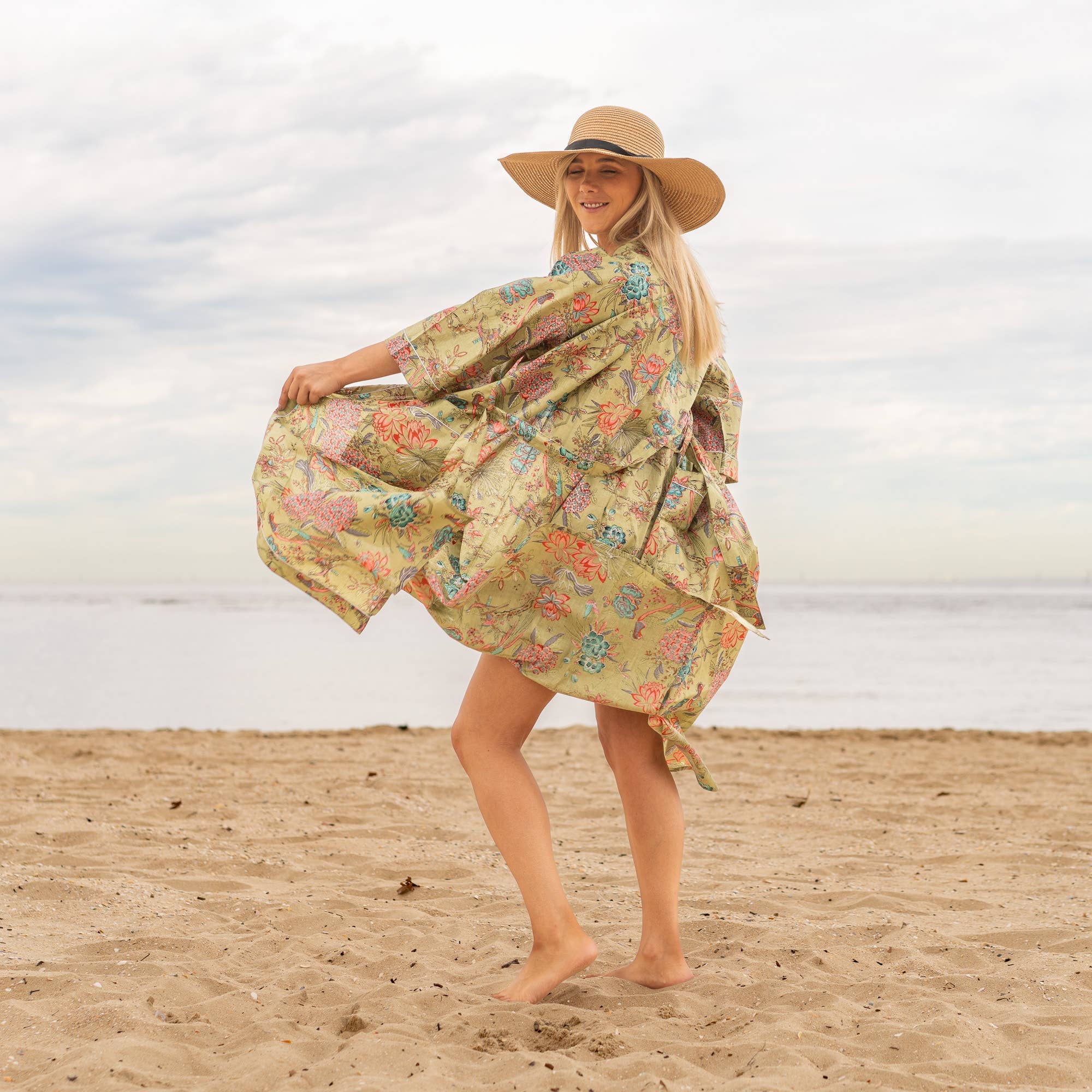 Cotton Kimono Robe - GREEN PEACOCK