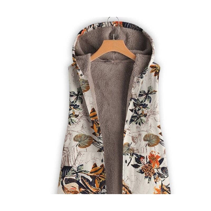 Vest With Vintage Print Hood And Mid-Length For Warmth
