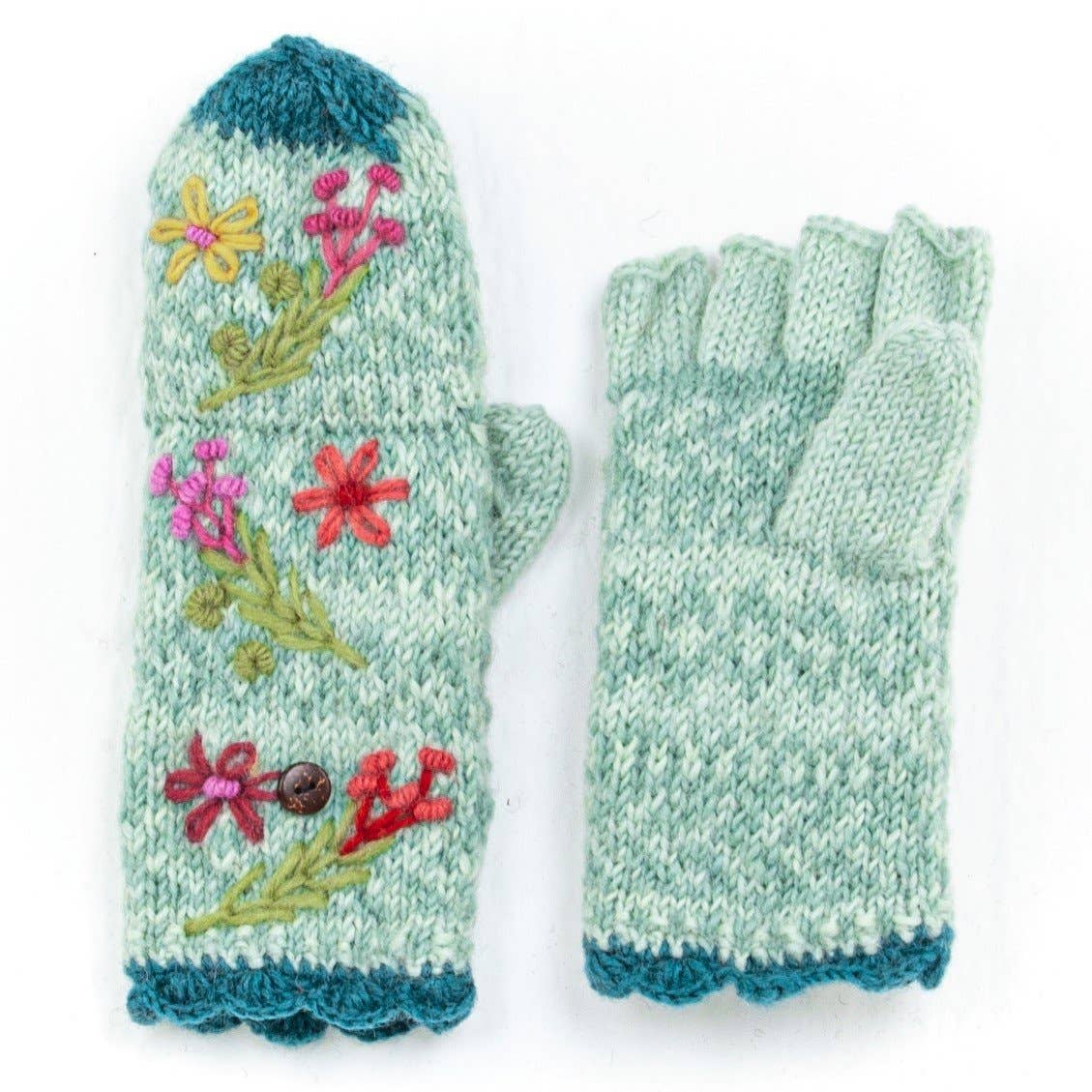 Sadie Wool Convertible Mittens with Embroidery