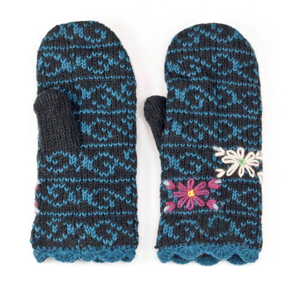 Ballad Mittens – Wool Knit with Embroidered Floral Detail