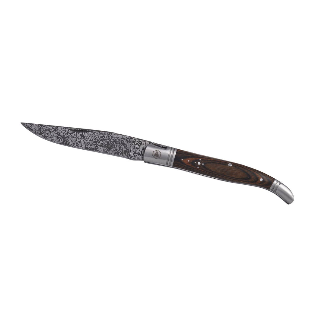 LAGUIOLE, Folding Knife, Hunting Knife, Outdoor, Hiking, Adventure, Gardening Tool, Stainless Steel, Pakka Wood Handle, Damascus Decor, Brown, 20.5 cm