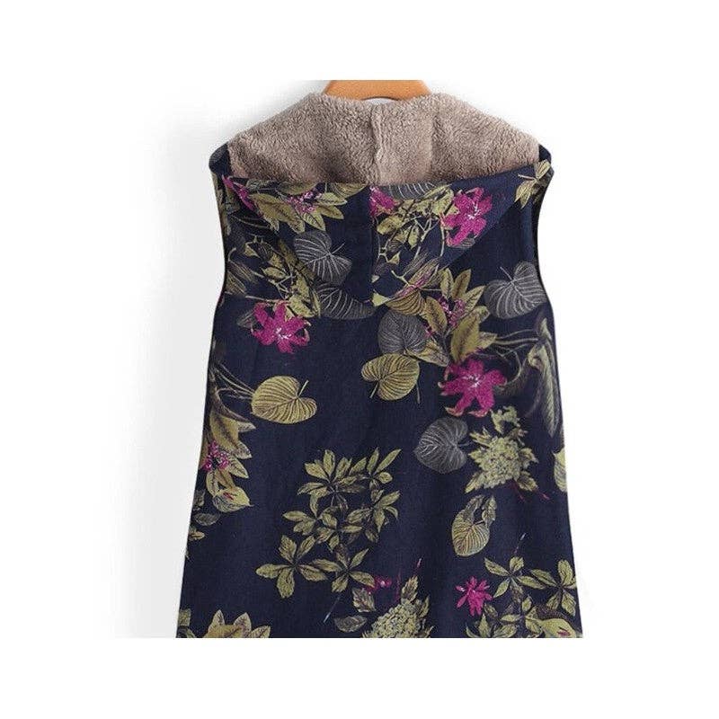 Vest With Vintage Print Hood And Mid-Length For Warmth