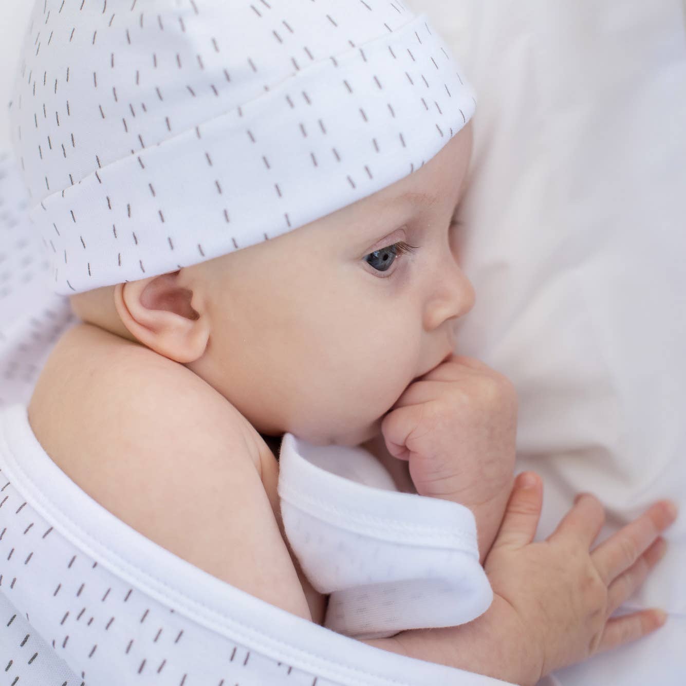 Organic Baby Hat White Line 3-6 Months