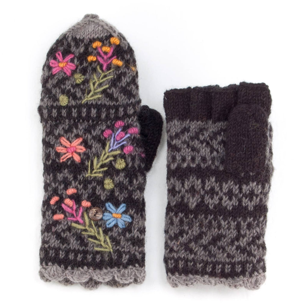 Sadie Wool Convertible Mittens with Embroidery