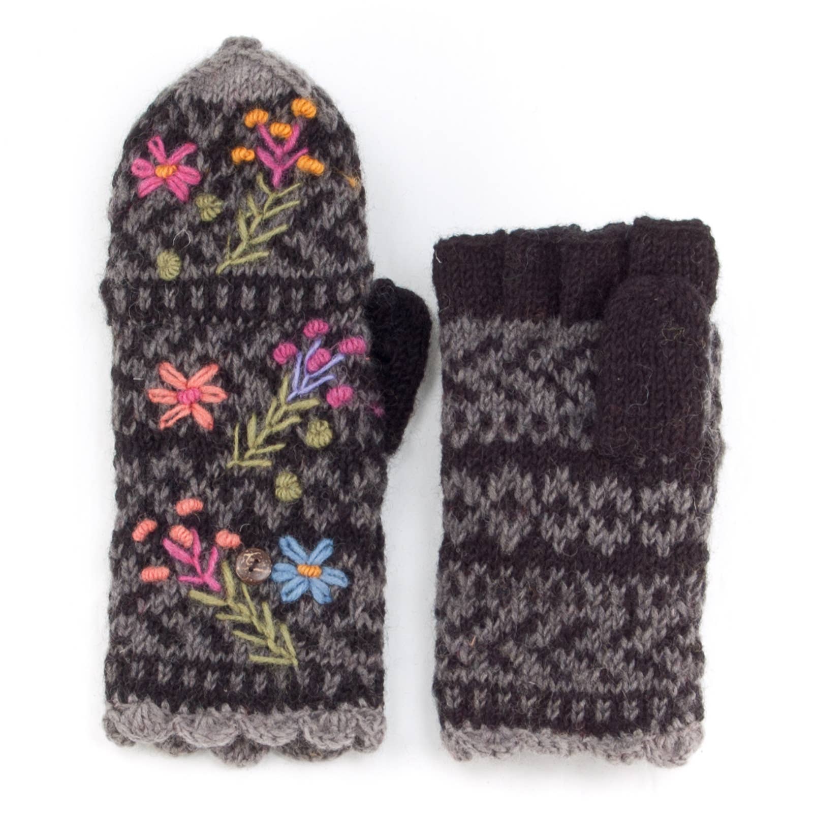 Sadie Wool Convertible Mittens with Embroidery