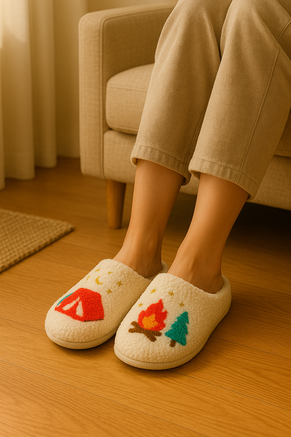 Cozy Camping Night Fleece Slippers - Tent & Campfire Indoor Cabin Gift Shoes