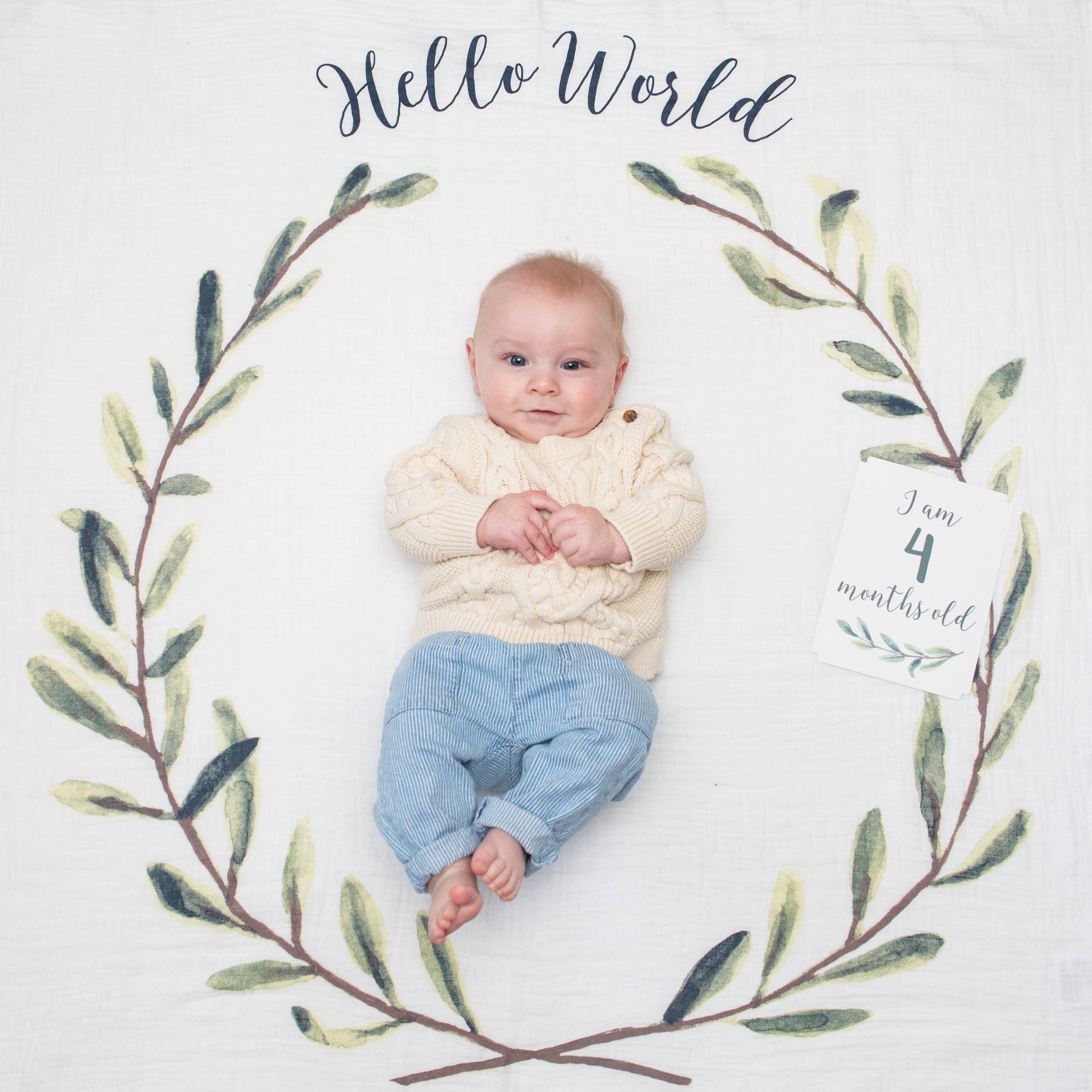 Baby’s 1st Year Swaddle & Milestone Card Gift Set- Hello!