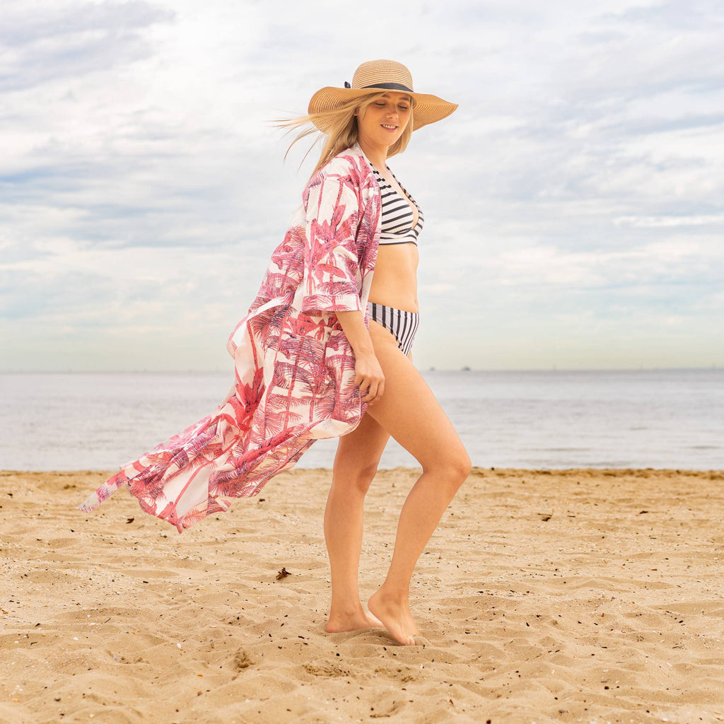Cotton Kimono Robe - PINK PALM