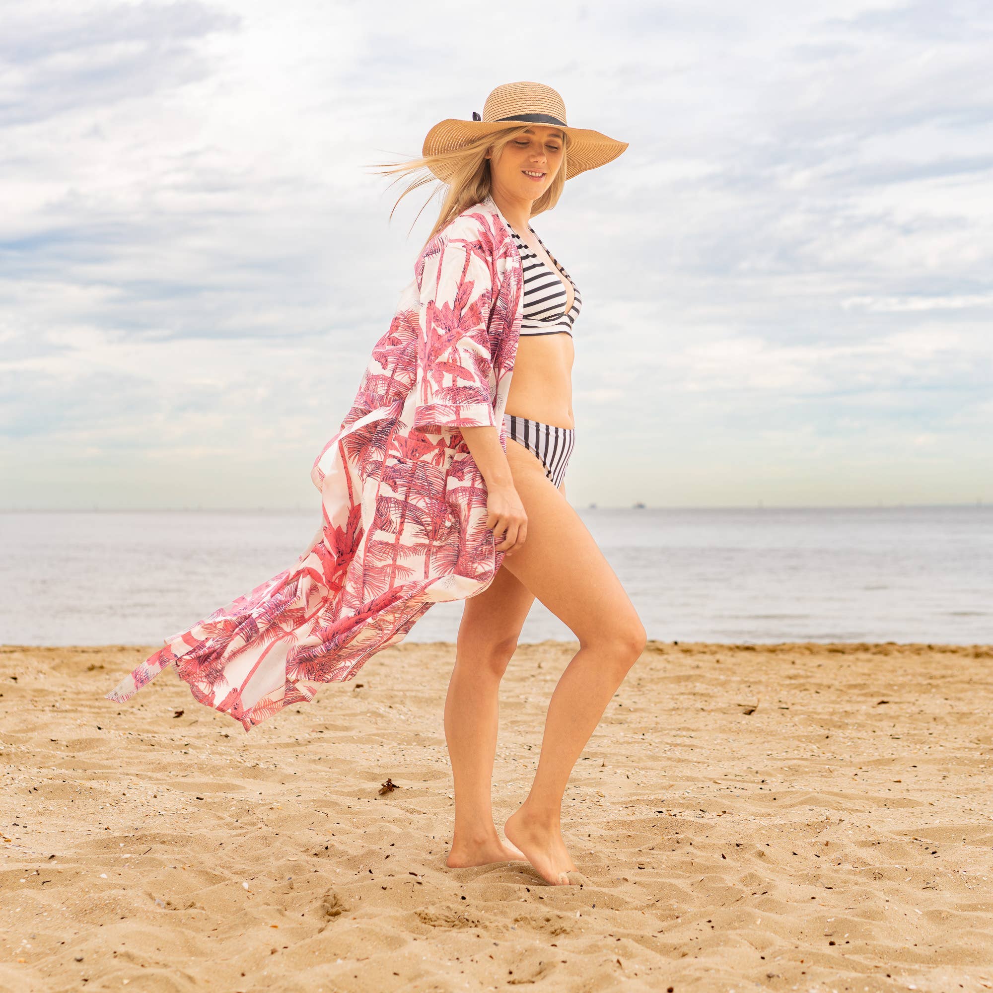 Cotton Kimono Robe - PINK PALM