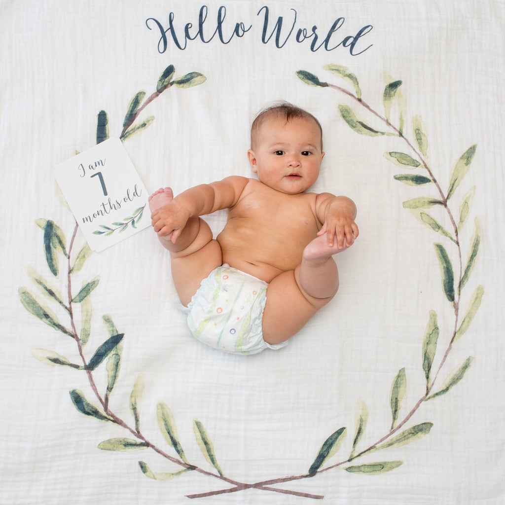 Baby’s 1st Year Swaddle & Milestone Card Gift Set- Hello!