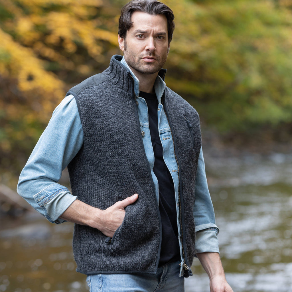 Yale Wool Zip Vest with Faux Suede Shoulder Patches