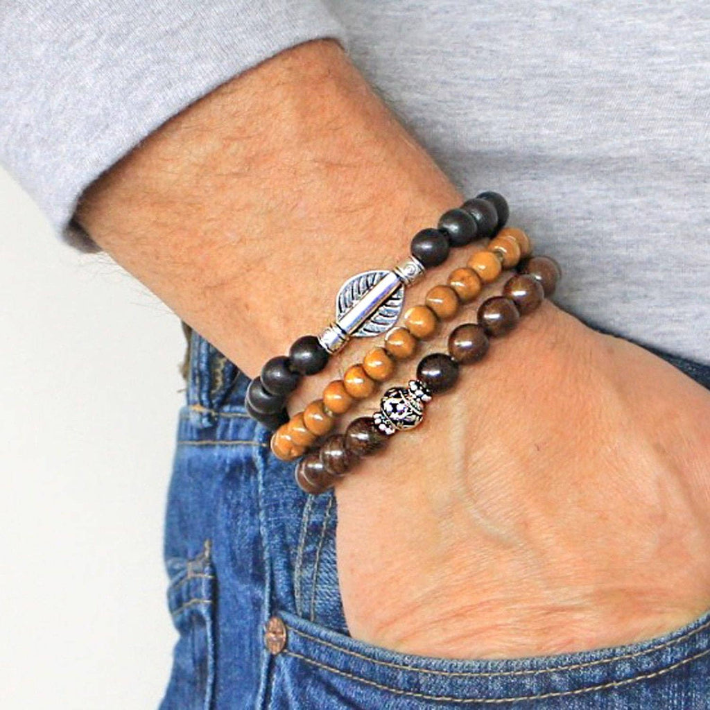 Men's Set of 3 Beaded Stretch Bracelets Wood