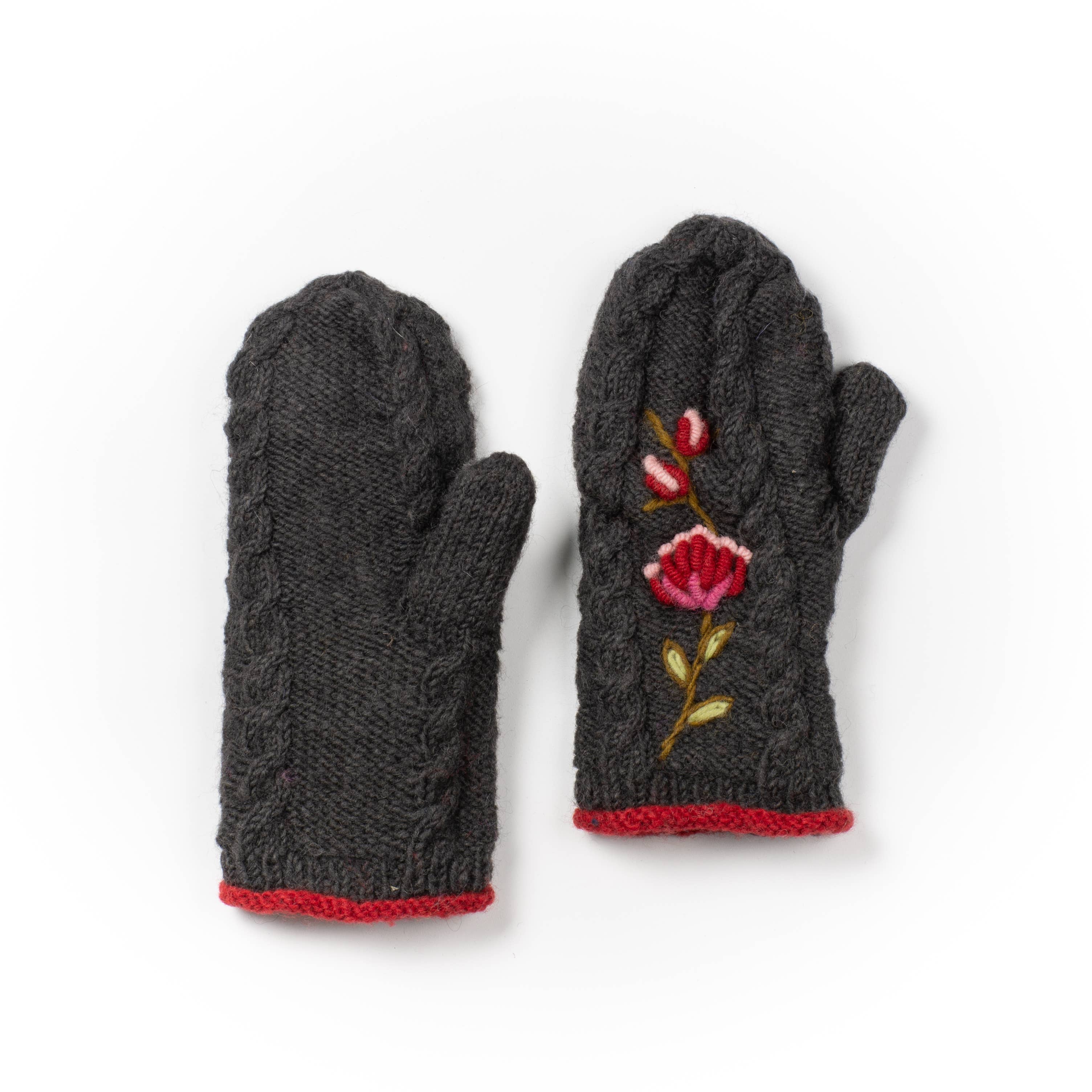 Blooms Mittens – Wool Knit with Embroidered Floral Accent