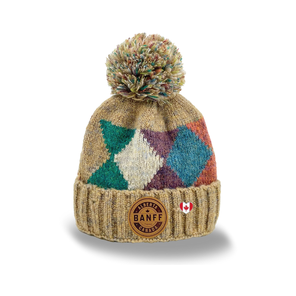 Banff Canada Pom Pom Knit Toque – Vintage Argyle Winter Beanie Hat for Outdoor Adventure