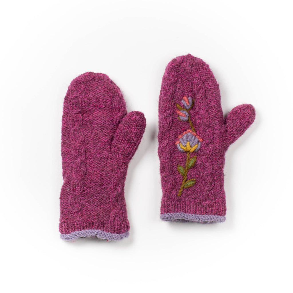 Blooms Mittens – Wool Knit with Embroidered Floral Accent