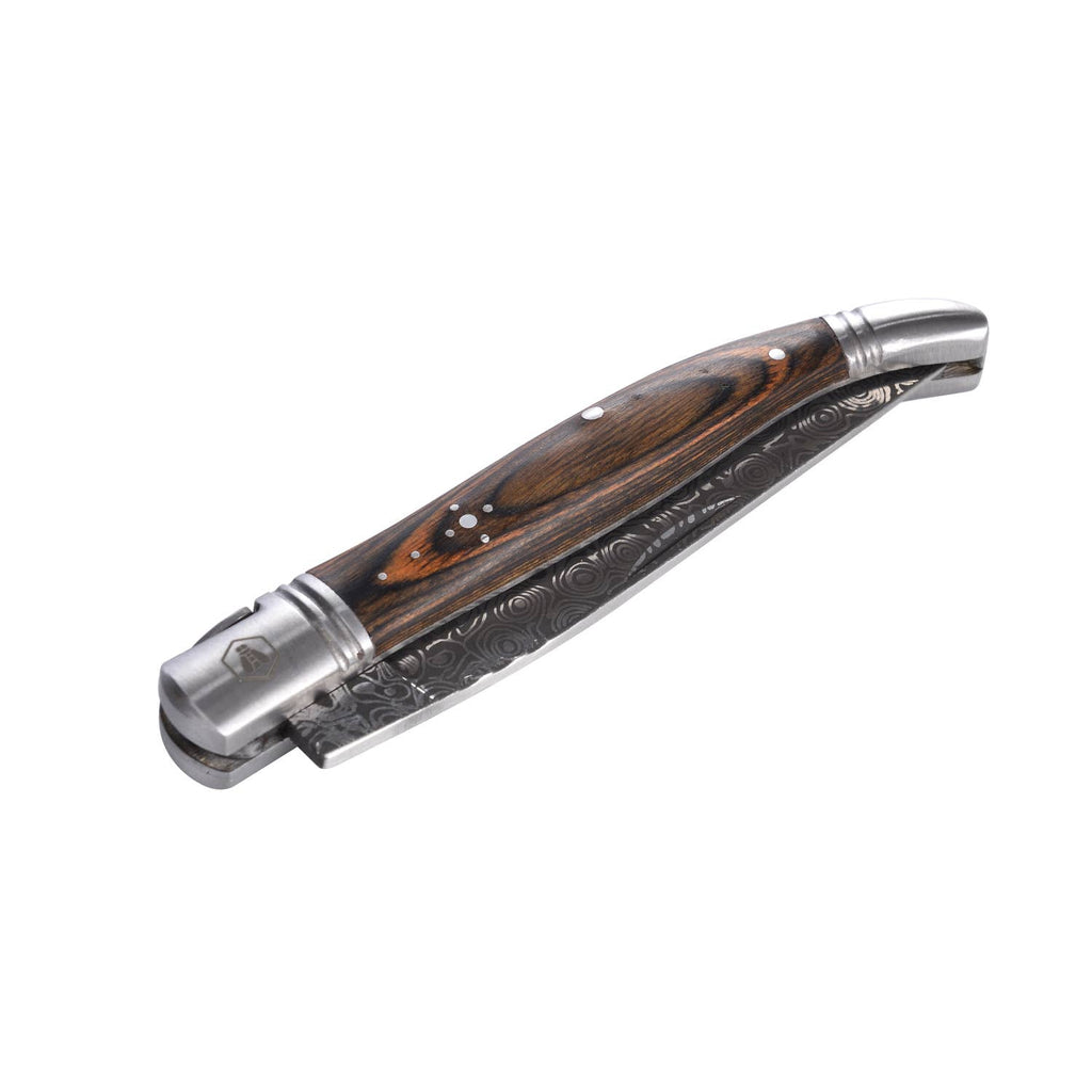 LAGUIOLE, Folding Knife, Hunting Knife, Outdoor, Hiking, Adventure, Gardening Tool, Stainless Steel, Pakka Wood Handle, Damascus Decor, Brown, 20.5 cm