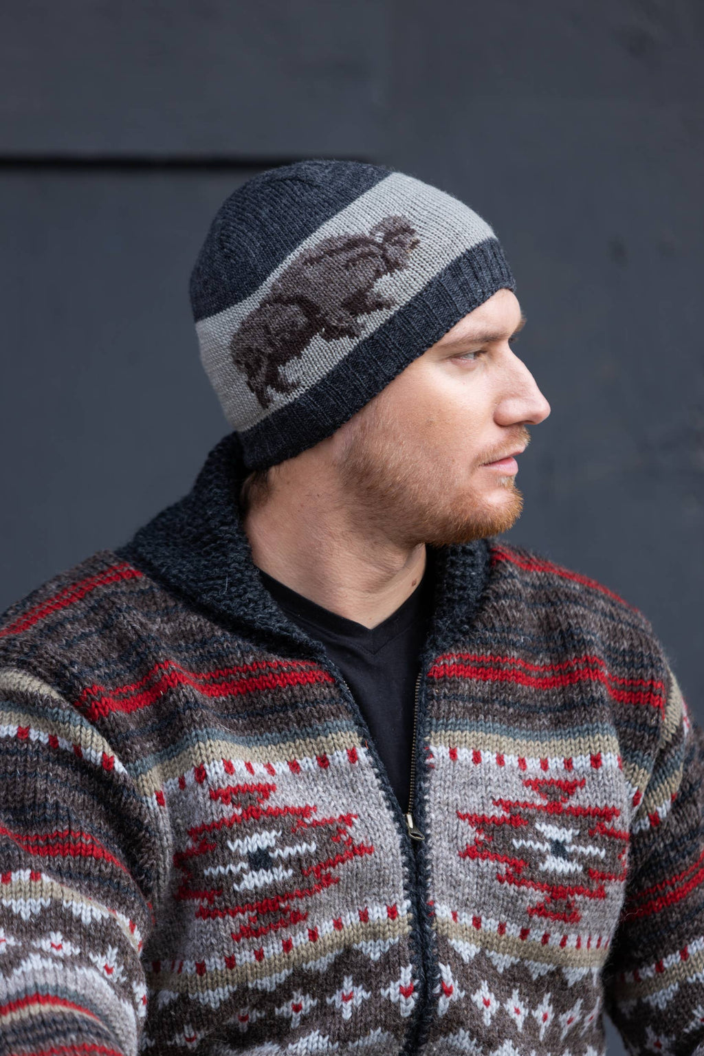 Buffalo Beanie Hat – Wool Knit with Bison Graphic
