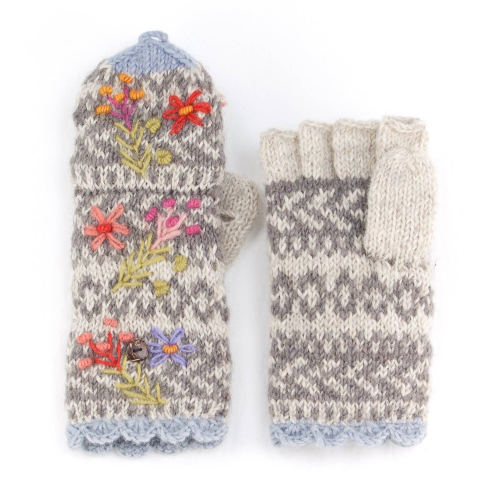 Sadie Wool Convertible Mittens with Embroidery