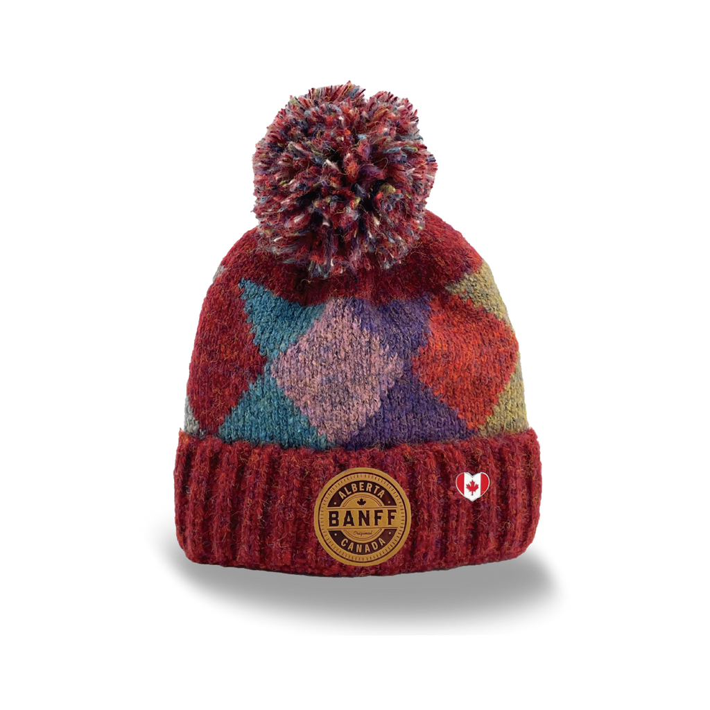 Banff Canada Pom Pom Knit Toque – Vintage Argyle Winter Beanie Hat for Outdoor Adventure