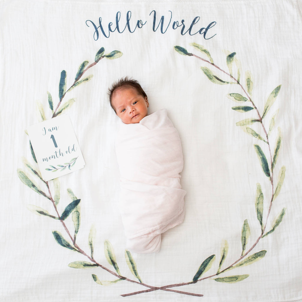 Baby’s 1st Year Swaddle & Milestone Card Gift Set- Hello!