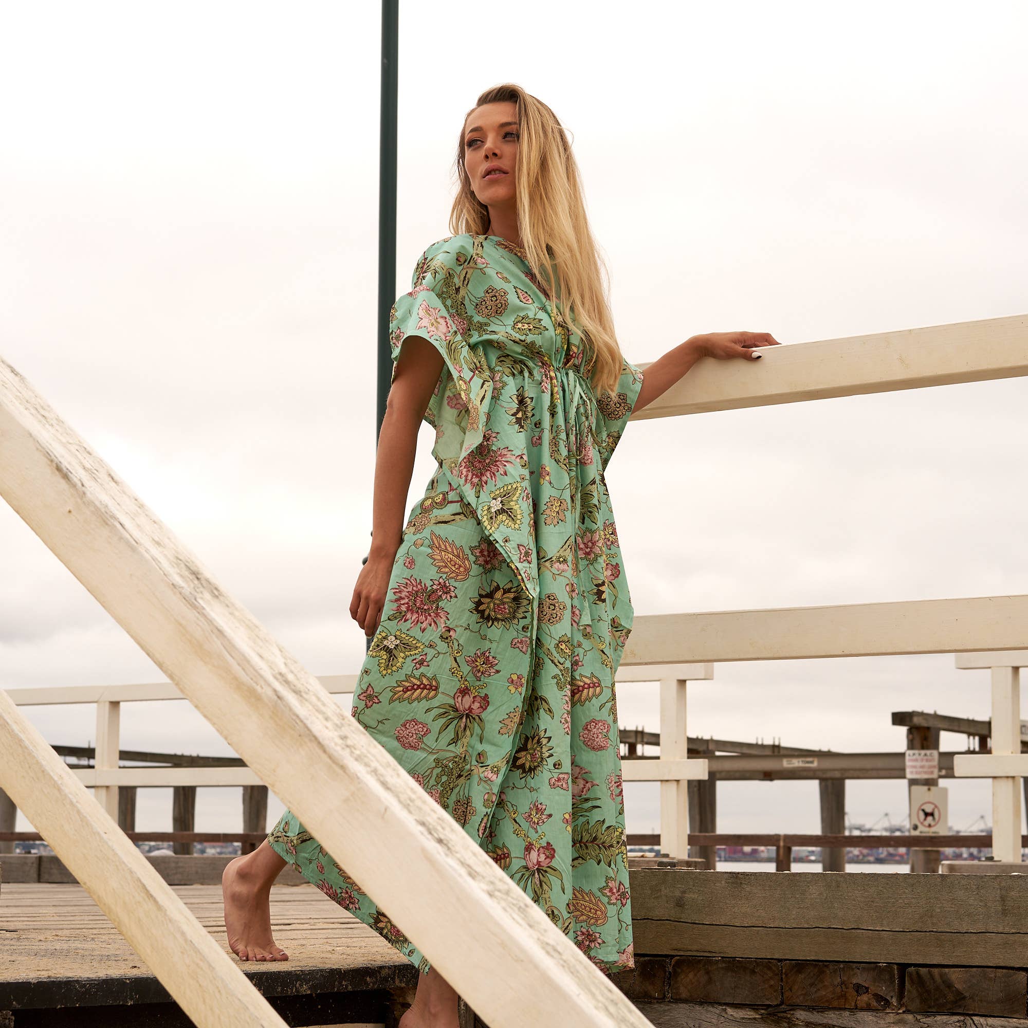 Cotton Kaftan Kimono Caftan Summer Dress Green Floral