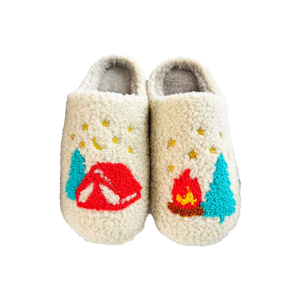 Cozy Camping Night Fleece Slippers - Tent & Campfire Indoor Cabin Gift Shoes
