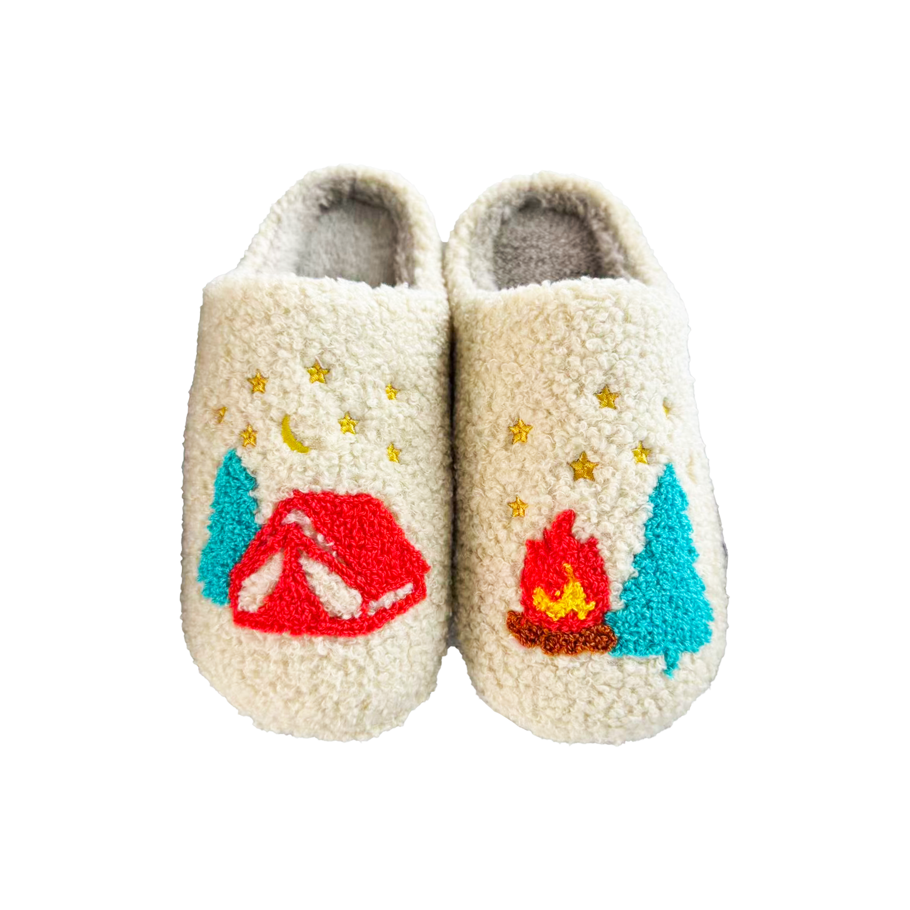 Cozy Camping Night Fleece Slippers - Tent & Campfire Indoor Cabin Gift Shoes