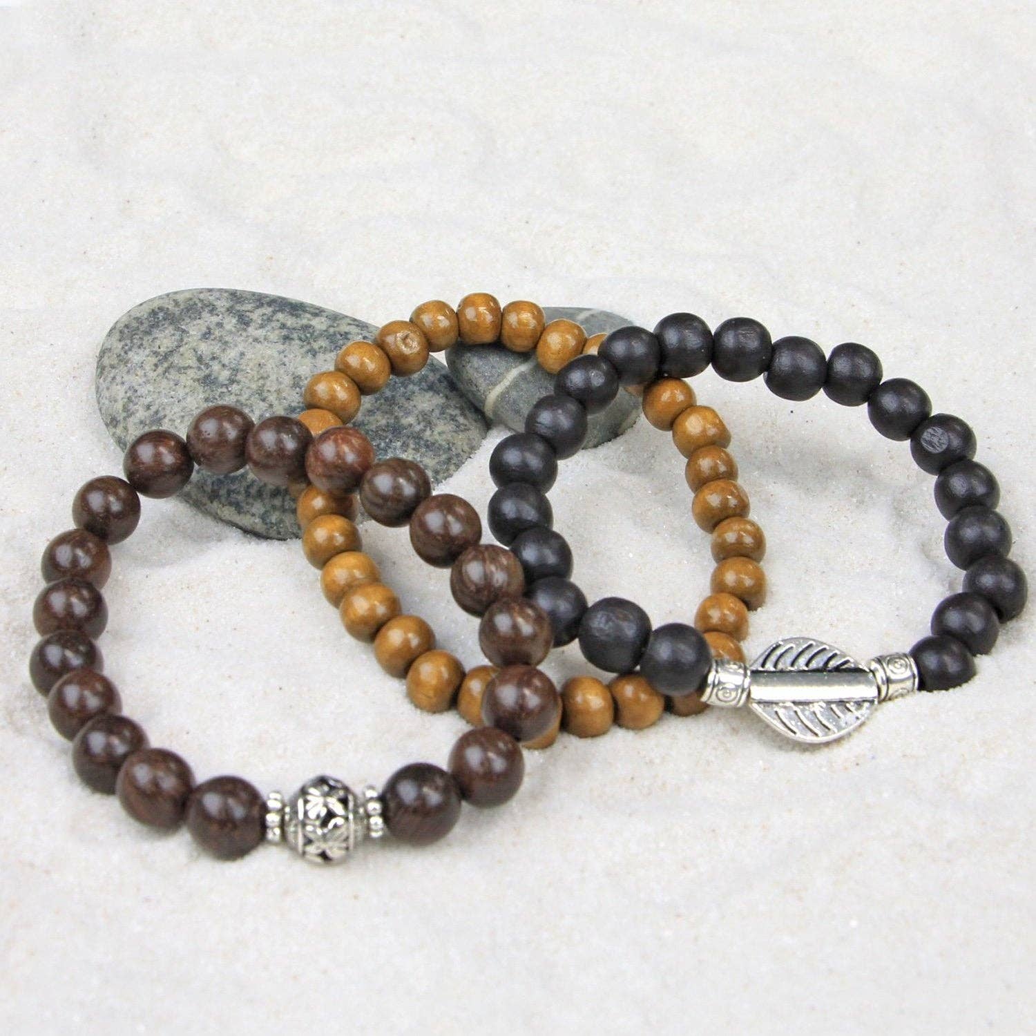 Men's Set of 3 Beaded Stretch Bracelets Wood