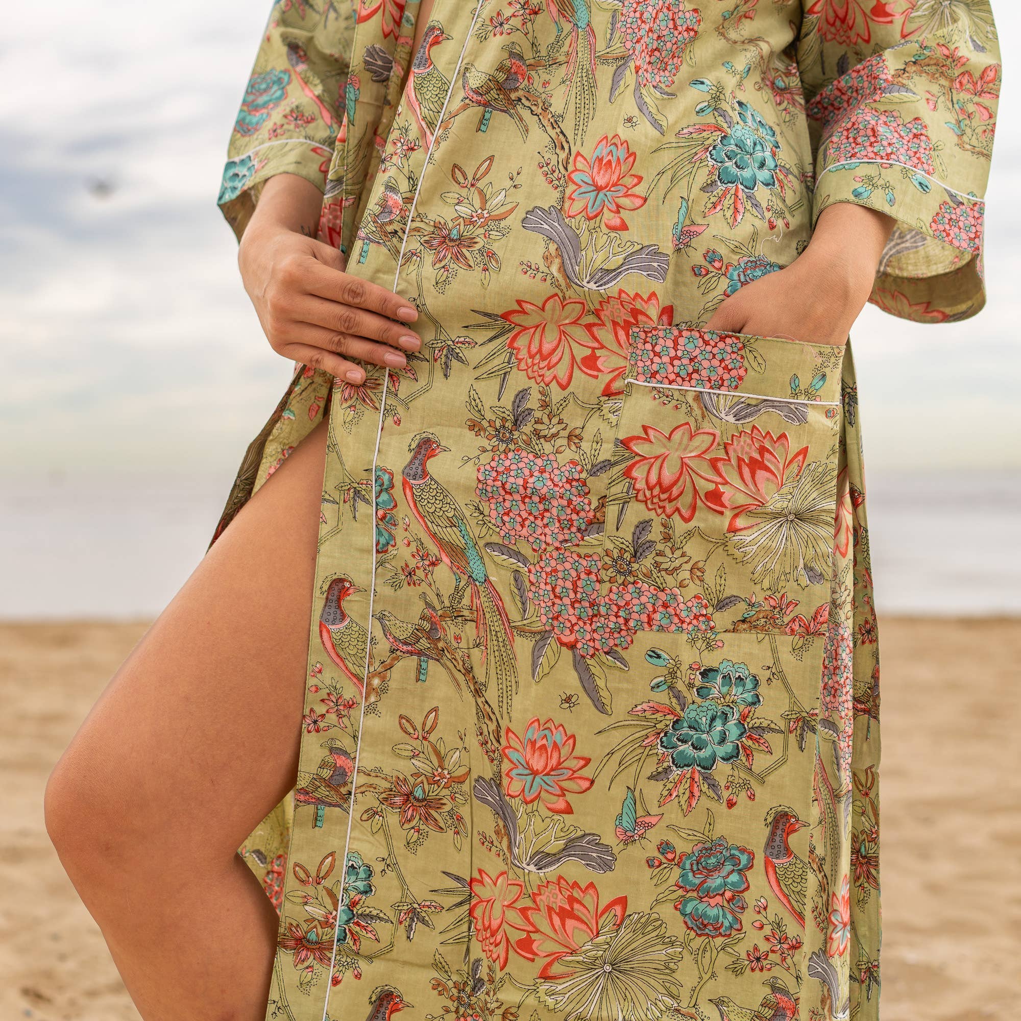 Cotton Kimono Robe - GREEN PEACOCK