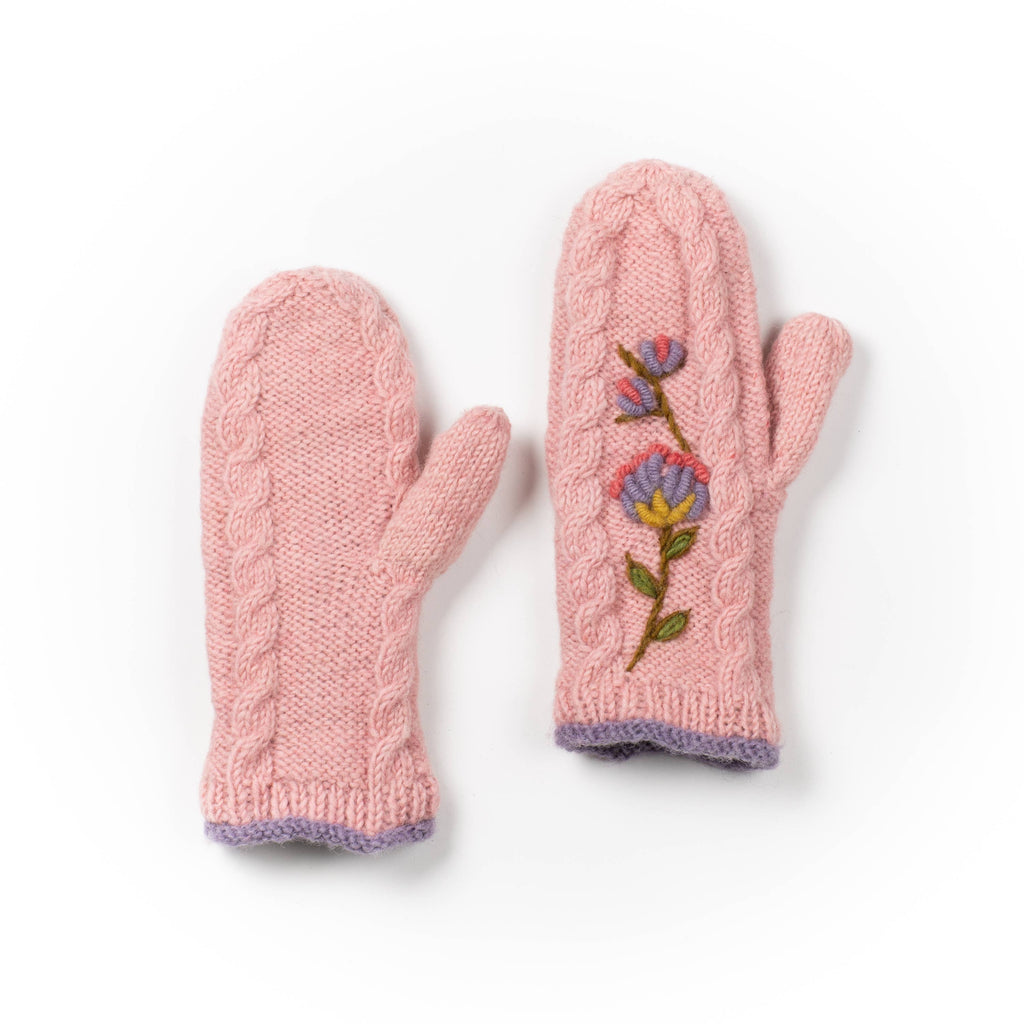 Blooms Mittens – Wool Knit with Embroidered Floral Accent