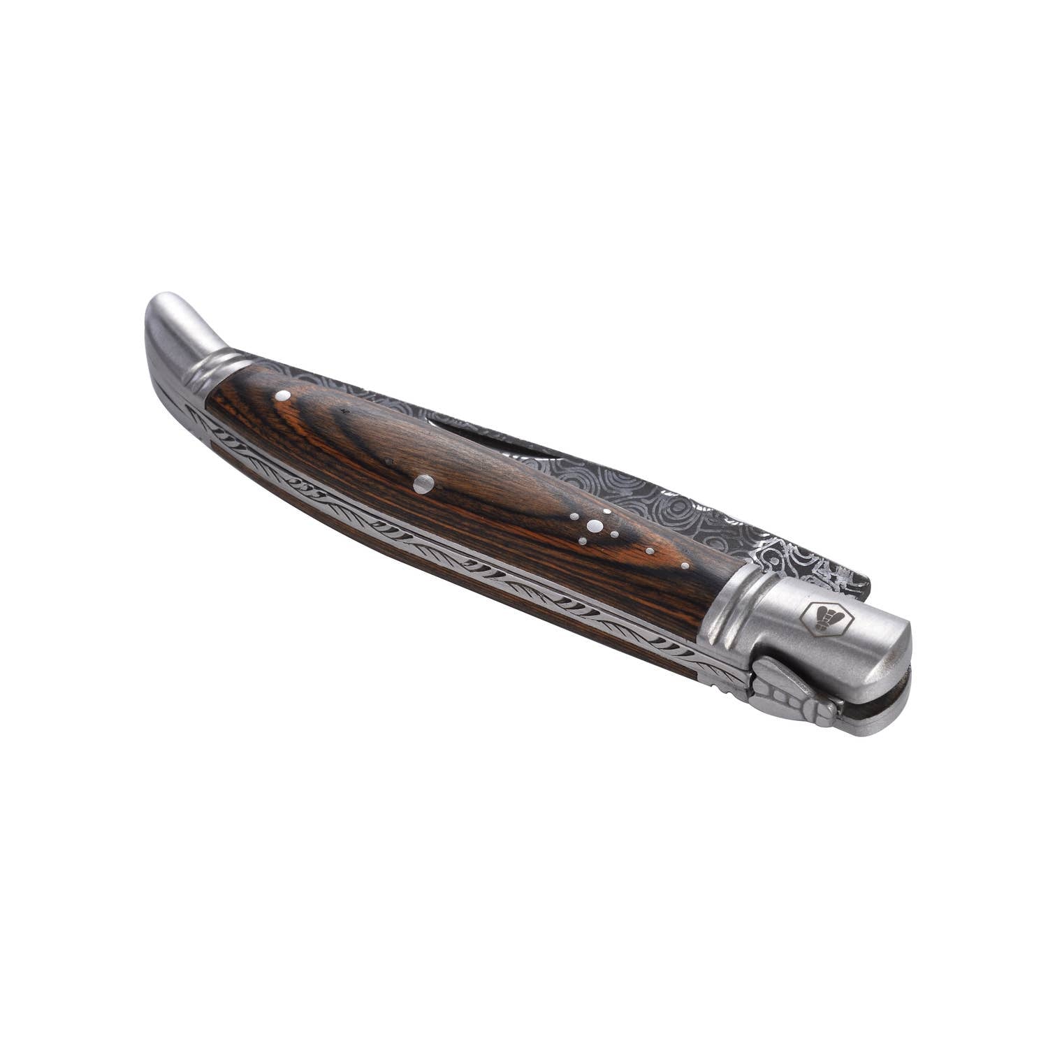 LAGUIOLE, Folding Knife, Hunting Knife, Outdoor, Hiking, Adventure, Gardening Tool, Stainless Steel, Pakka Wood Handle, Damascus Decor, Brown, 20.5 cm