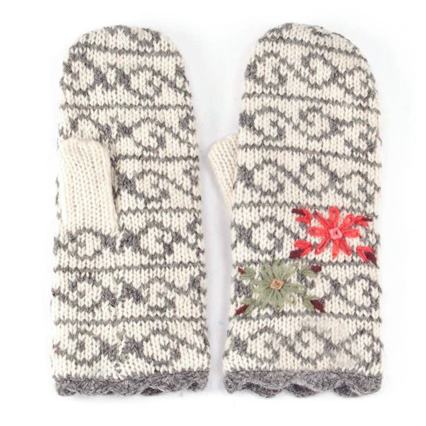 Ballad Mittens – Wool Knit with Embroidered Floral Detail