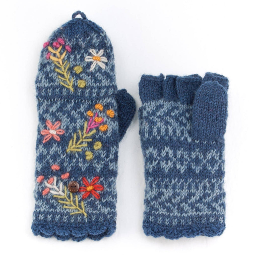 Sadie Wool Convertible Mittens with Embroidery