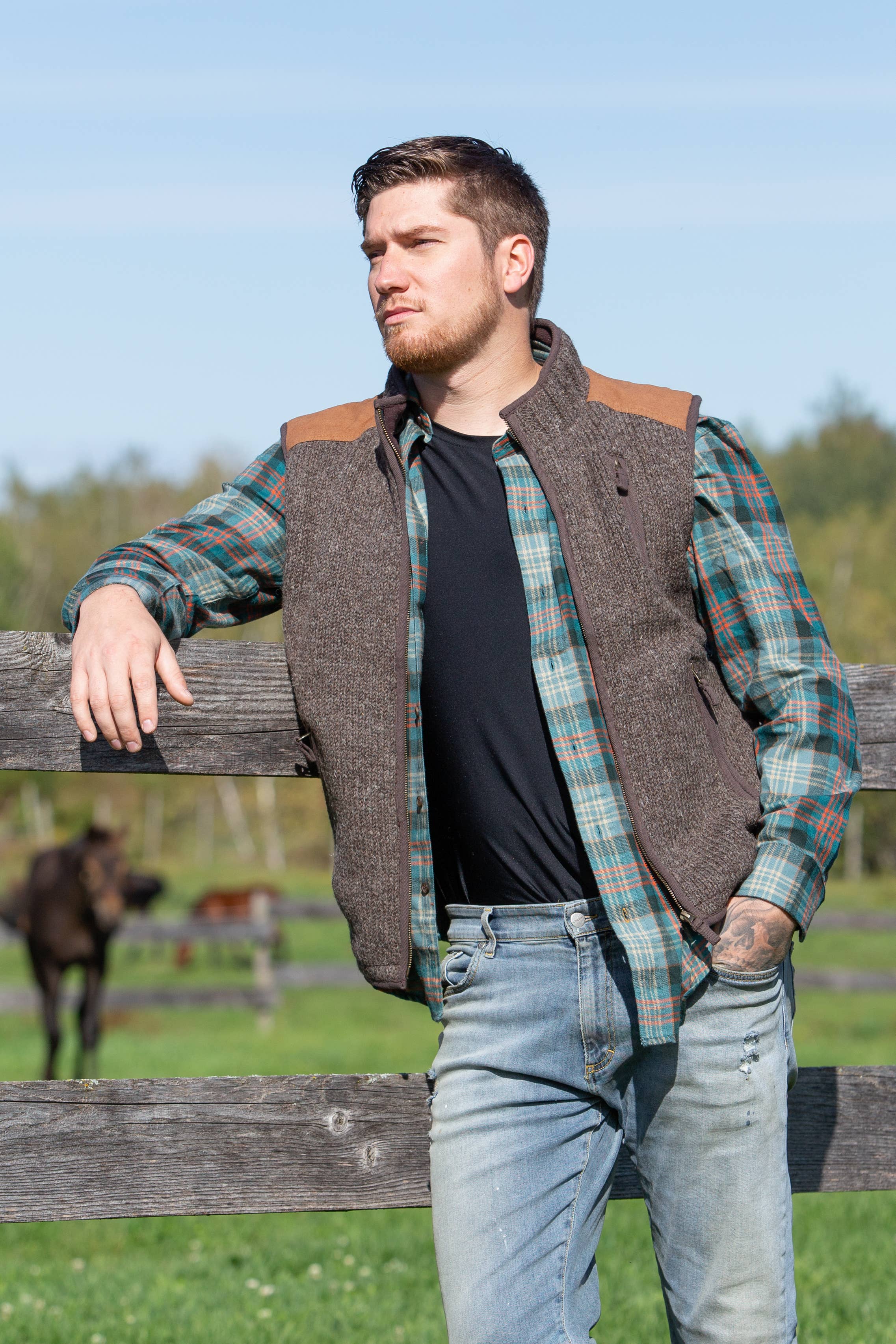 Yale Wool Zip Vest with Faux Suede Shoulder Patches